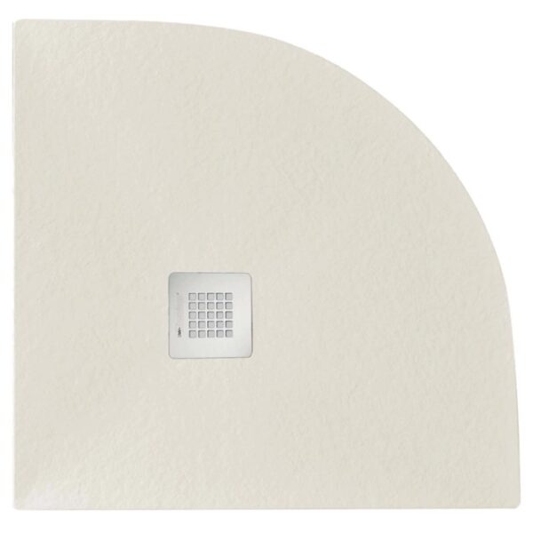 Piatto doccia beige t.b.t. con design a quarto di cerchio e scarico quadrato.