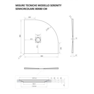 Disegno tecnico del piatto doccia t.b.t., semicircolare, 80x80 cm, con dimensioni.