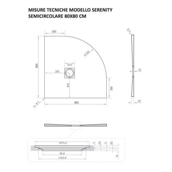 Disegno tecnico del piatto doccia t.b.t., semicircolare, 80x80 cm, con dimensioni.
