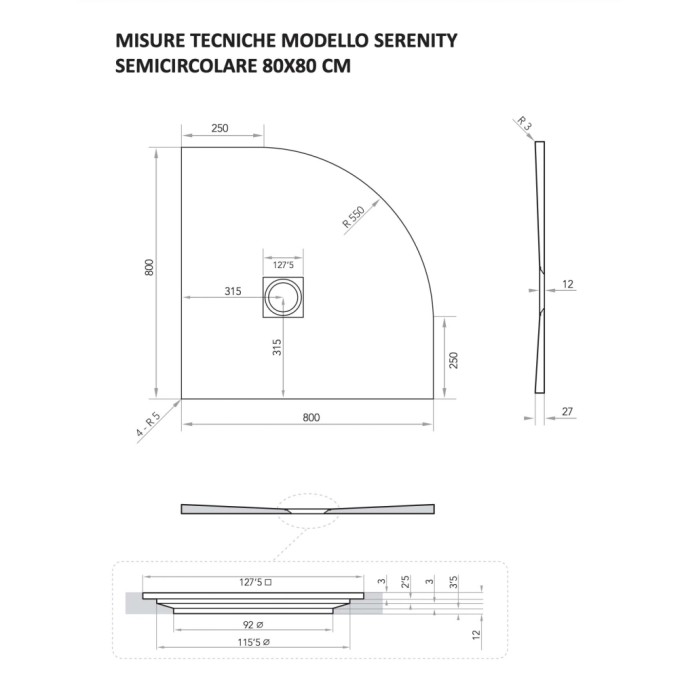 Disegno tecnico del piatto doccia t.b.t., semicircolare, 80x80 cm, con dimensioni.