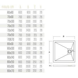 Disegno tecnico di un piatto doccia t.b.t. con dimensioni.