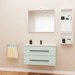 Moderno set di mobili da bagno azzurro con lavabo, specchio e mensola. Arredo bagno elegante.