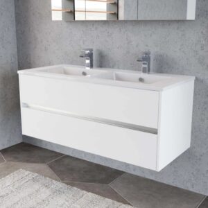 Mobile bagno bianco con doppio lavabo e cassetto per arredo bagno.