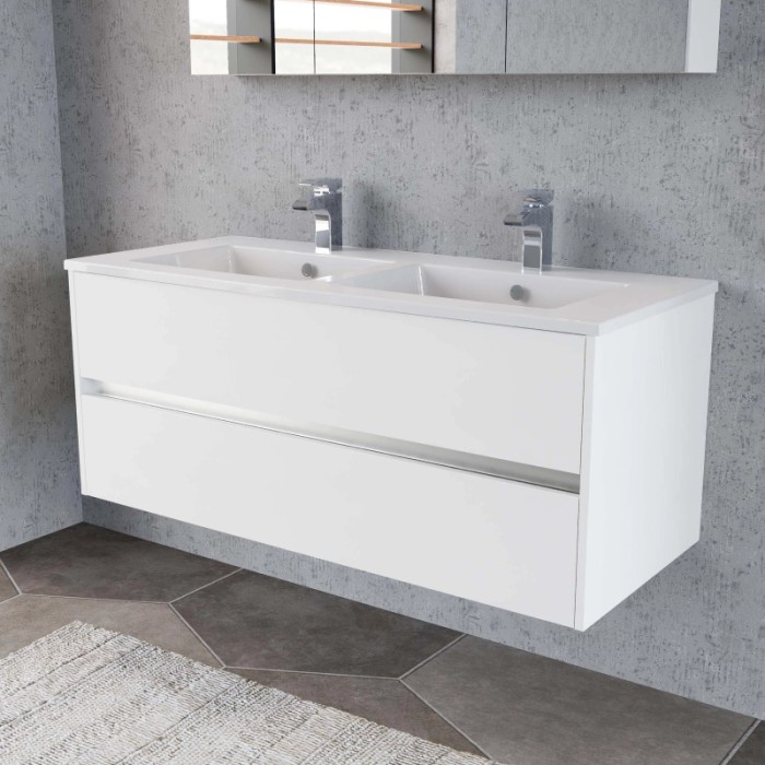 Mobile bagno bianco con doppio lavabo e cassetto per arredo bagno.