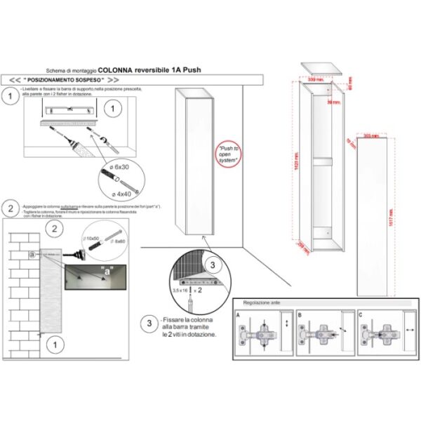 Istruzioni di montaggio per mobile bagno t.b.t.: Dettagli per l'installazione della colonna lavabo, con misure e fasi di montaggio.