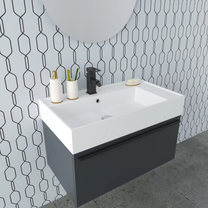 t.b.t. Mobile bagno con lavabo e rubinetto per il bagno.