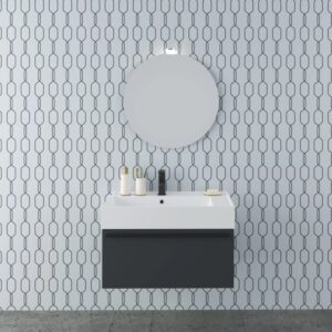 Moderno set di mobili bagno: mobile lavabo antracite con specchio rotondo. Design elegante per il bagno.
