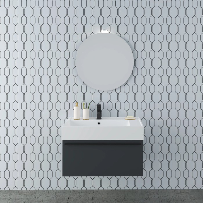Moderno set di mobili bagno: mobile lavabo antracite con specchio rotondo. Design elegante per il bagno.