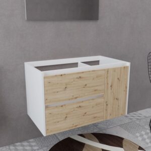 Mobile bagno sospeso bianco con frontale effetto legno.