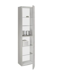 Mobile bagno alto, decoro legno chiaro con ripiani in vetro, anta aperta.