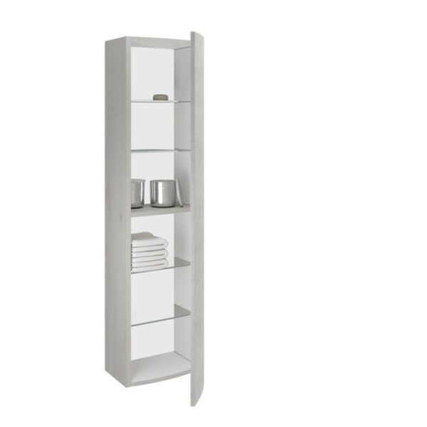 Mobile bagno alto, decoro legno chiaro con ripiani in vetro, anta aperta.