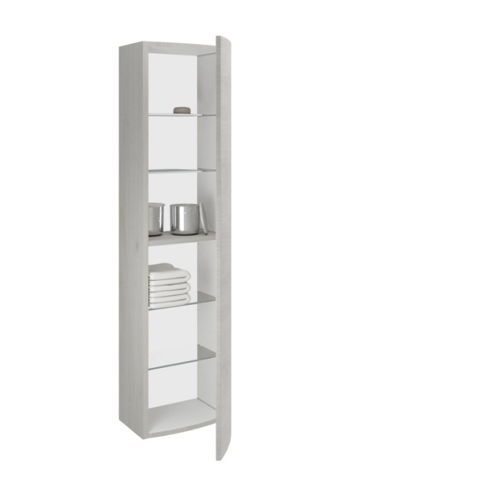 Mobile bagno alto, decoro legno chiaro con ripiani in vetro, anta aperta.