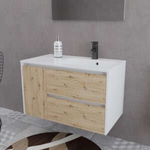 Set di mobili da bagno moderni con lavabo, mobile base in bianco e effetto legno. Ideale per ogni bagno.