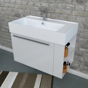 Mobile bagno bianco con ripiano a giorno e rubinetto cromato per arredo bagno.