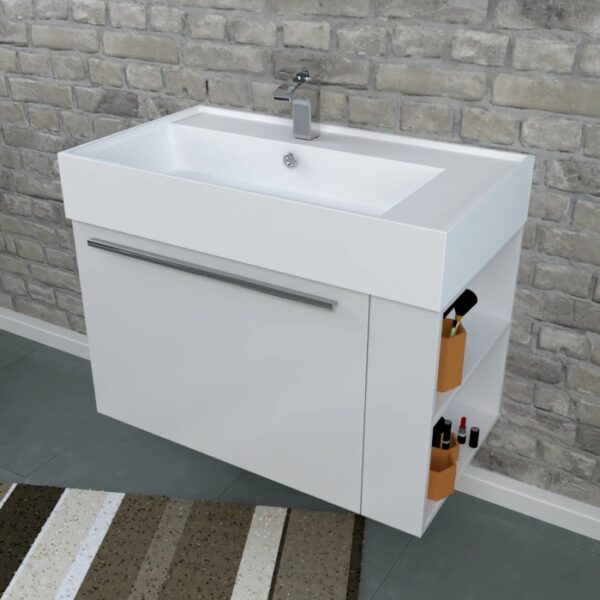 Mobile bagno bianco con ripiano a giorno e rubinetto cromato per arredo bagno.