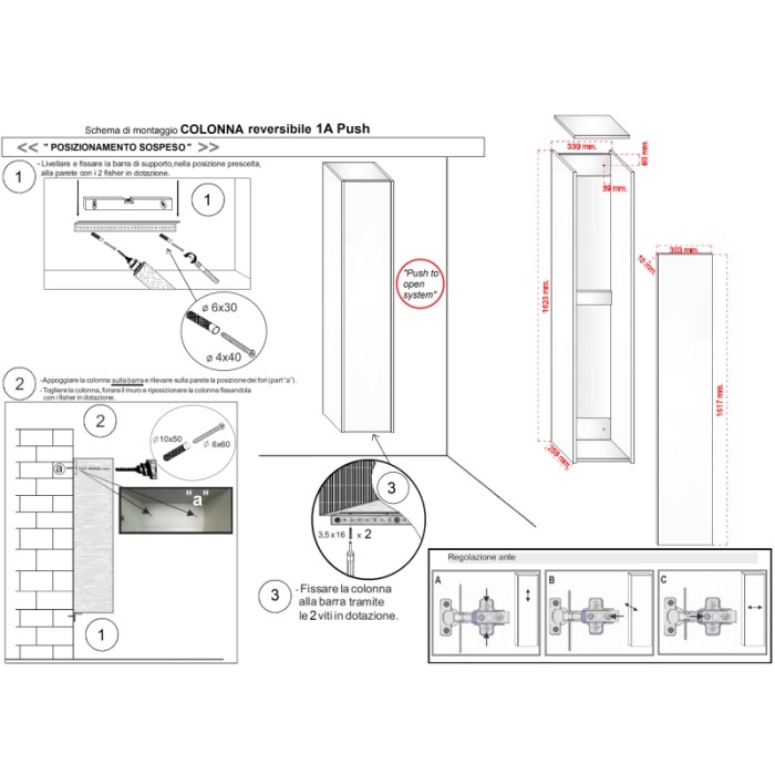 Istruzioni di montaggio per mobile bagno t.b.t.: Dettagli per l'installazione della colonna lavabo.