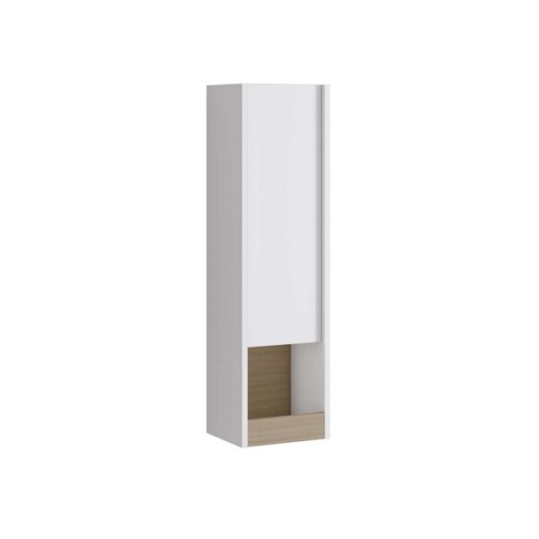 Mobile bagno sospeso bianco con vano a giorno in legno.