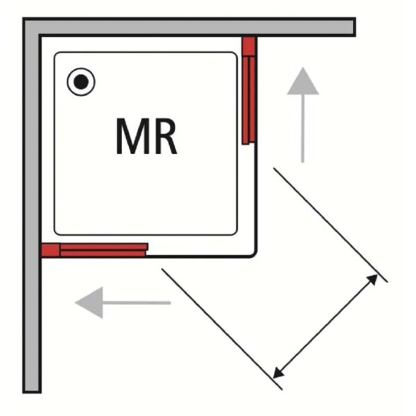 Schizzo di un box doccia angolare t.b.t con dimensioni e frecce che illustrano l'assemblaggio.