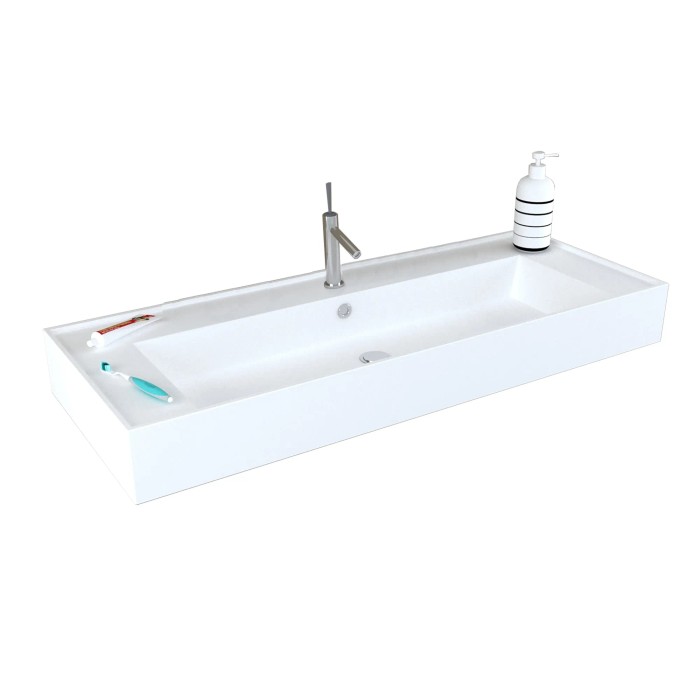 Lavabo singolo t.b.t. bianco con rubinetto, dispenser sapone, spazzolino e dentifricio.