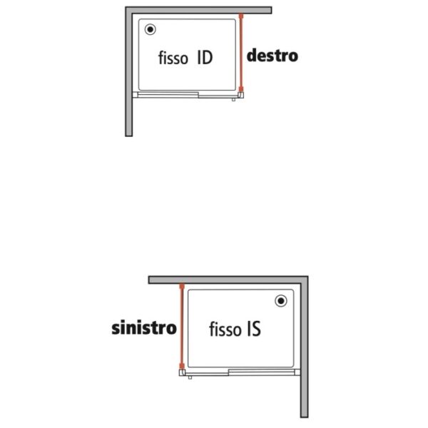 Schizzo: Porta doccia t.b.t., elementi fissi a destra e sinistra.
