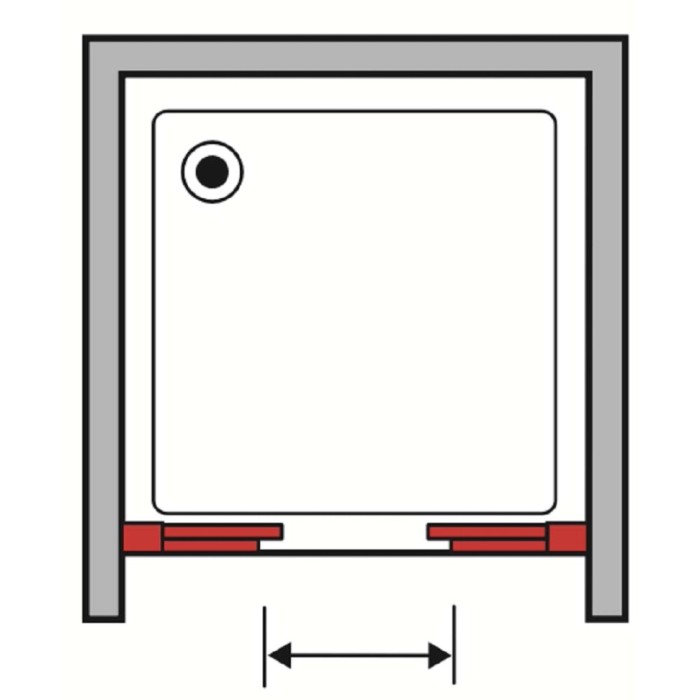 Schizzo di un box doccia (t.b.t.) con dettagli rossi e indicazione delle dimensioni. Categoria: Porte doccia.