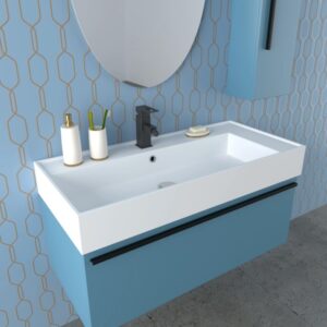 Set di mobili da bagno blu con lavabo, rubinetto e specchio. Design moderno per il tuo bagno.