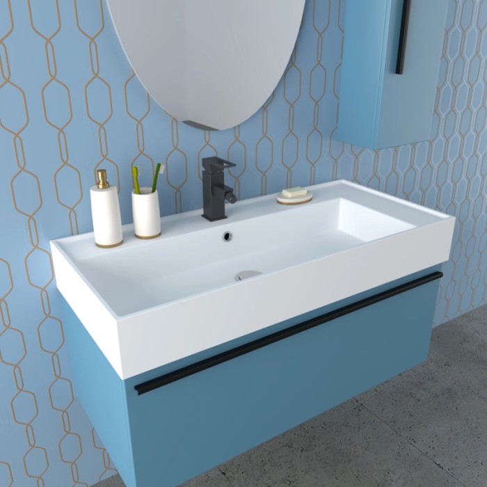 Set di mobili da bagno blu con lavabo, rubinetto e specchio. Design moderno per il tuo bagno.