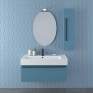 Moderno set di mobili bagno blu con lavabo, specchio e mobile. Elegante Arredo per il bagno.