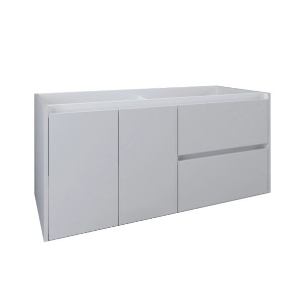 Mobile bagno sospeso bianco con due ante e un cassetto.