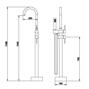 Disegno tecnico di un rubinetto per vasca t.b.t. con dimensioni.