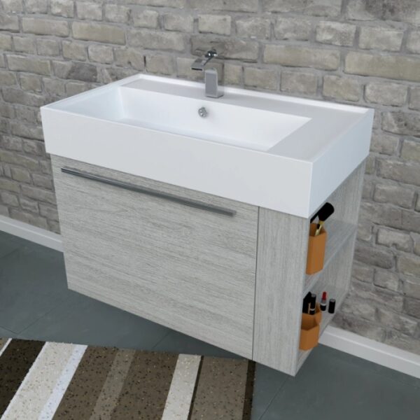 Mobile bagno con lavabo, effetto legno grigio chiaro, con vani laterali.