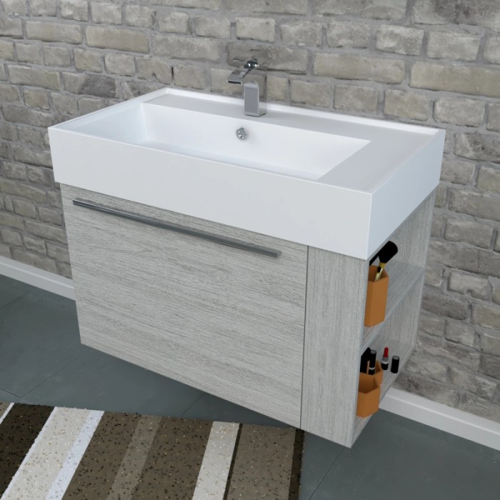 Mobile bagno con lavabo, effetto legno grigio chiaro, con vani laterali.