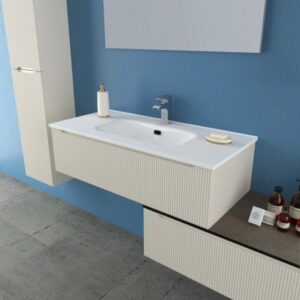 Set di mobili da bagno moderni con lavabo, specchiera e mobile base in beige.