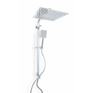 Colonna doccia cromata con soffione e doccetta dal design moderno.