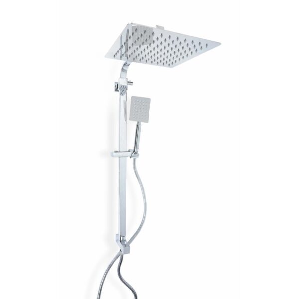 Colonna doccia cromata con soffione e doccetta dal design moderno.