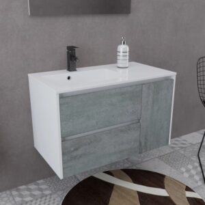Mobile bagno t.b.t. con frontali grigi in bagno.