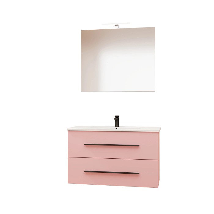 Set mobili bagno rosa con lavabo, mobile sottolavabo con cassetti e specchio con lampada.