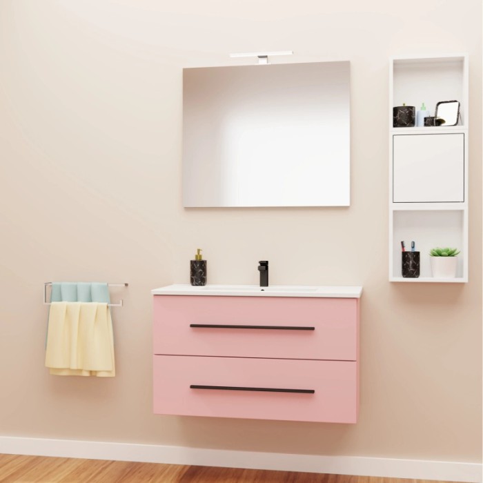 Mobile bagno rosa con specchio e colonna per arredo bagno.