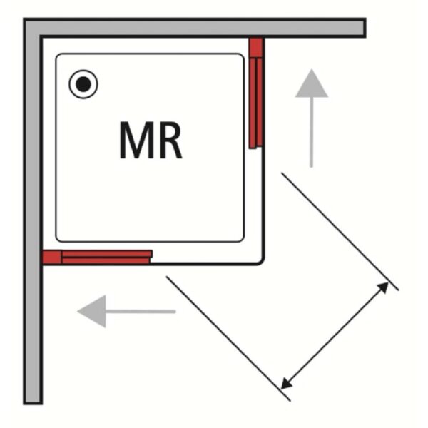 Schizzo di un box doccia angolare t.b.t con dimensioni e frecce che illustrano l'assemblaggio.