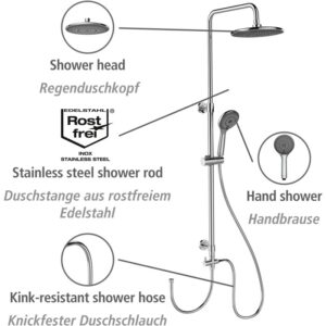 Sistema doccia Wenko Watersaving Chrome con soffione a pioggia e doccetta in acciaio inox.