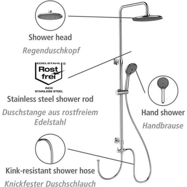 Sistema doccia Wenko Watersaving Chrome con soffione a pioggia e doccetta in acciaio inox.