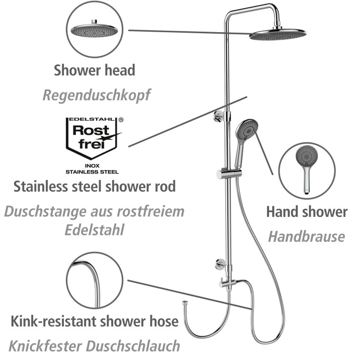 Sistema doccia Wenko Watersaving Chrome con soffione a pioggia e doccetta in acciaio inox.
