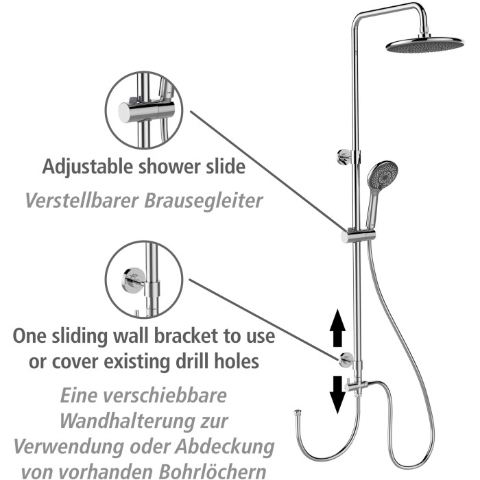 Sistema doccia Wenko Watersaving Chrome con soffione e doccetta, regolabile in altezza.