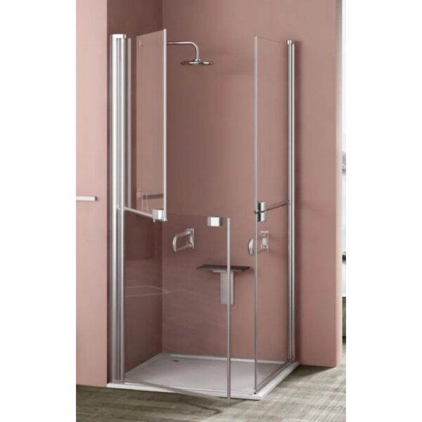 Elegante box doccia con pareti in vetro trasparente e profili argentati. Include soffione e sedile.