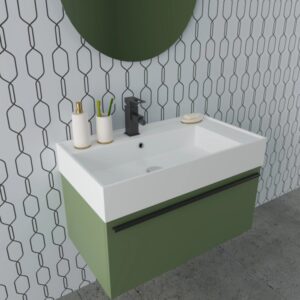 Set di mobili bagno moderni: mobile lavabo verde con lavabo bianco e specchio rotondo.