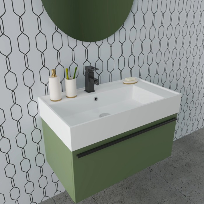 Set di mobili bagno moderni: mobile lavabo verde con lavabo bianco e specchio rotondo.
