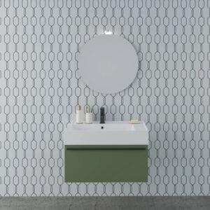Set di mobili da bagno moderni con mobile lavabo verde, lavabo e specchio rotondo. Design bagno elegante.