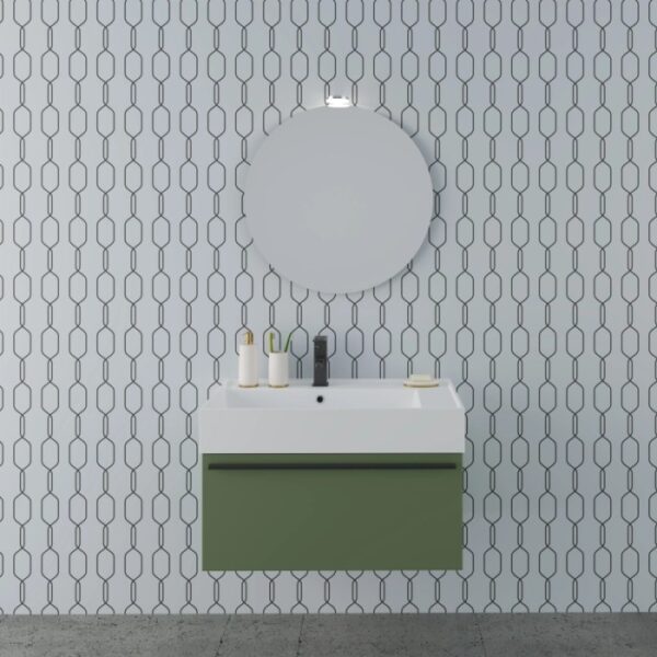 Set di mobili da bagno moderni con mobile lavabo verde, lavabo e specchio rotondo. Design bagno elegante.
