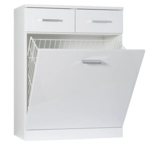 Mobile bagno bianco con due cassetti e cesto portabiancheria, categoria arredo bagno.