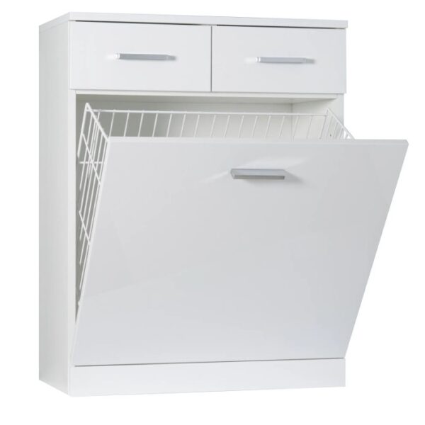 Mobile bagno bianco con due cassetti e cesto portabiancheria, categoria arredo bagno.